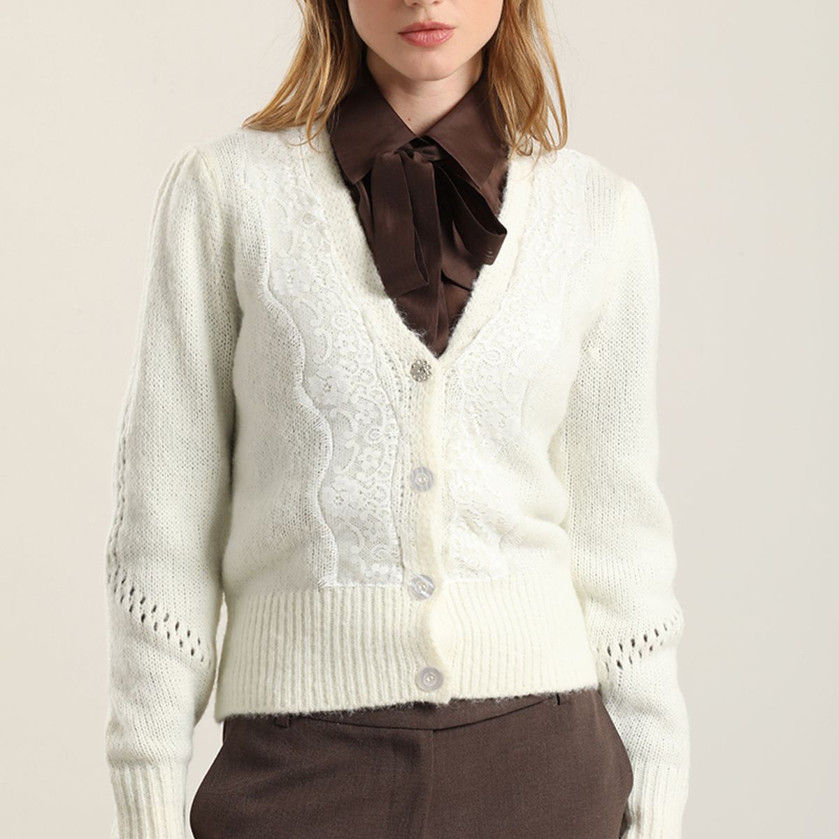 LIOLA - Cardigan Punto Aplicacion Encaje, Crudo Liola