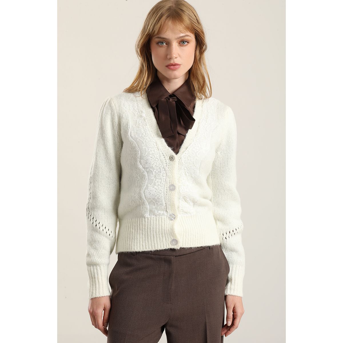 LIOLA - Cardigan Punto Aplicacion Encaje, Crudo Liola