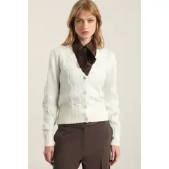 LIOLA - Cardigan Punto Aplicacion Encaje, Crudo