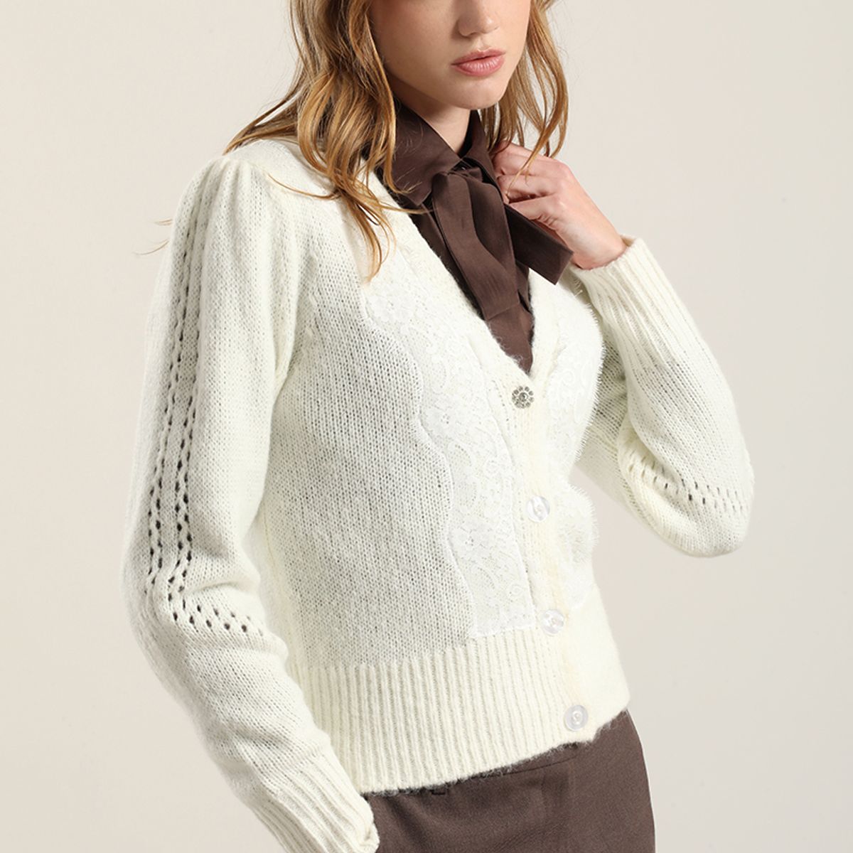 LIOLA - Cardigan Punto Aplicacion Encaje, Crudo Liola