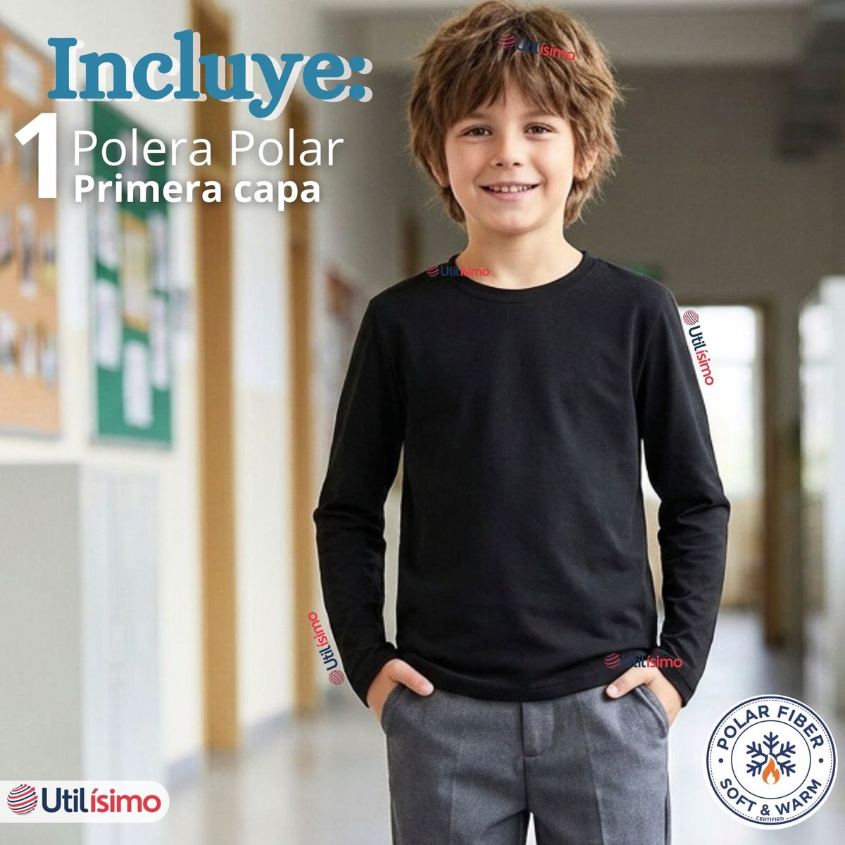 UTILISIMO - Polera Camiseta Polar Negra Primera Capa Escolar Cuello Redondo Manga Larga Niño