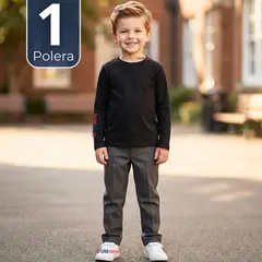 UTILISIMO - Polera Camiseta Polar Negra Primera Capa Escolar Cuello Redondo Manga Larga Niño