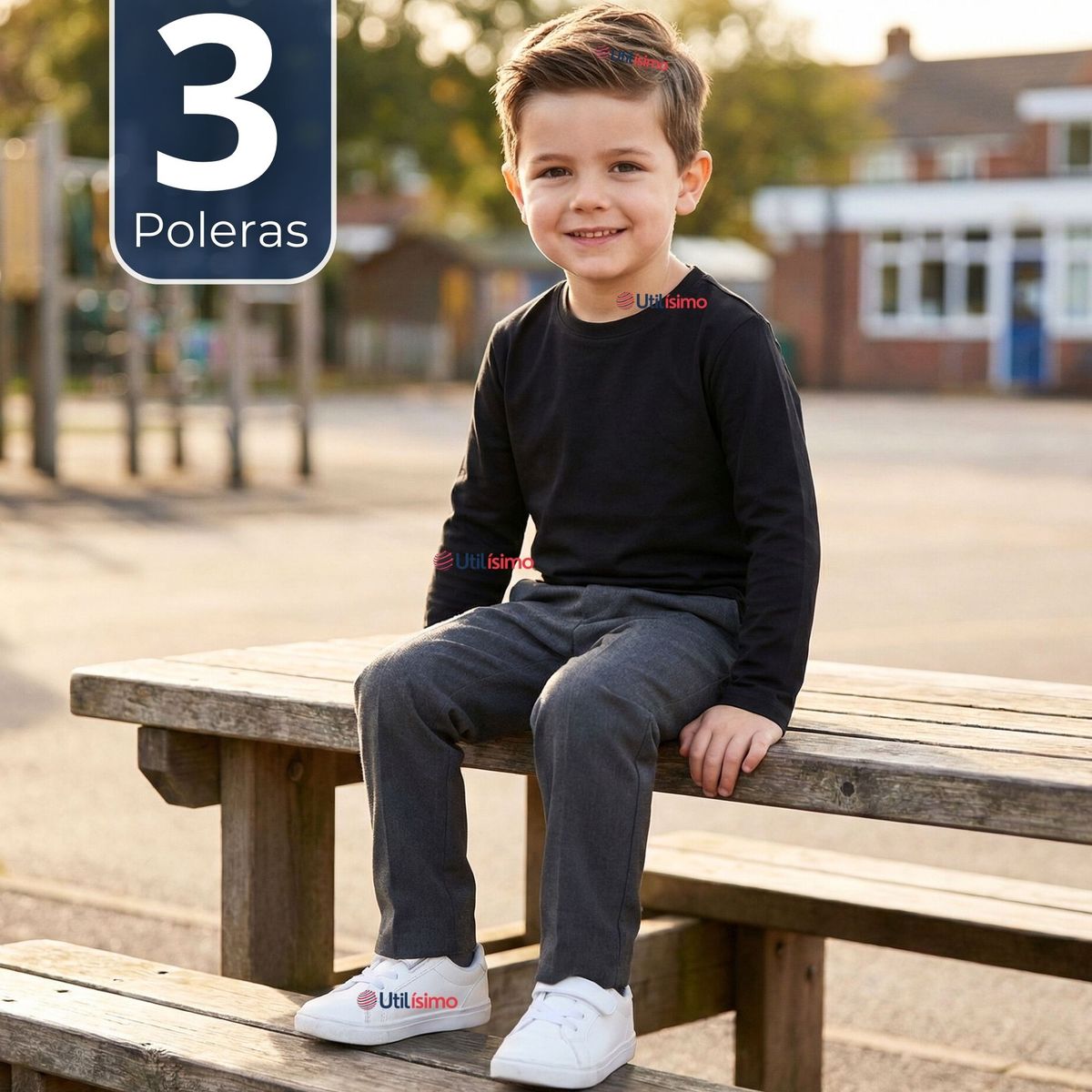 UTILISIMO - Pack 3 Poleras Camisetas Polar Negra Primera Capa Escolar Cuello Redondo Manga Larga Niño