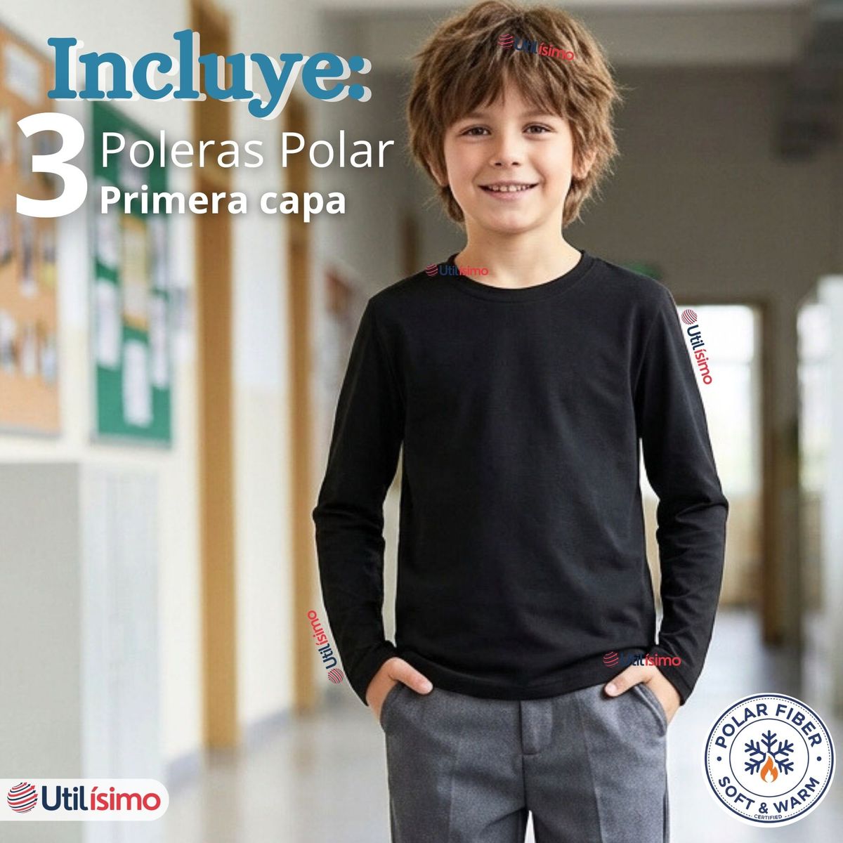 UTILISIMO - Pack 3 Poleras Camisetas Polar Negra Primera Capa Escolar Cuello Redondo Manga Larga Niño