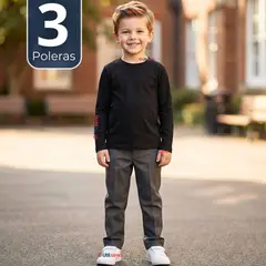UTILISIMO - Pack 3 Poleras Camisetas Polar Negra Primera Capa Escolar Cuello Redondo Manga Larga Niño