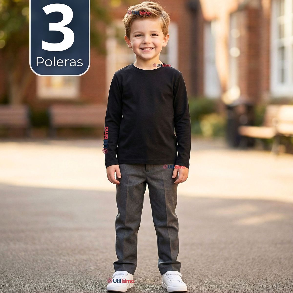 UTILISIMO - Pack 3 Poleras Camisetas Polar Negra Primera Capa Escolar Cuello Redondo Manga Larga Niño