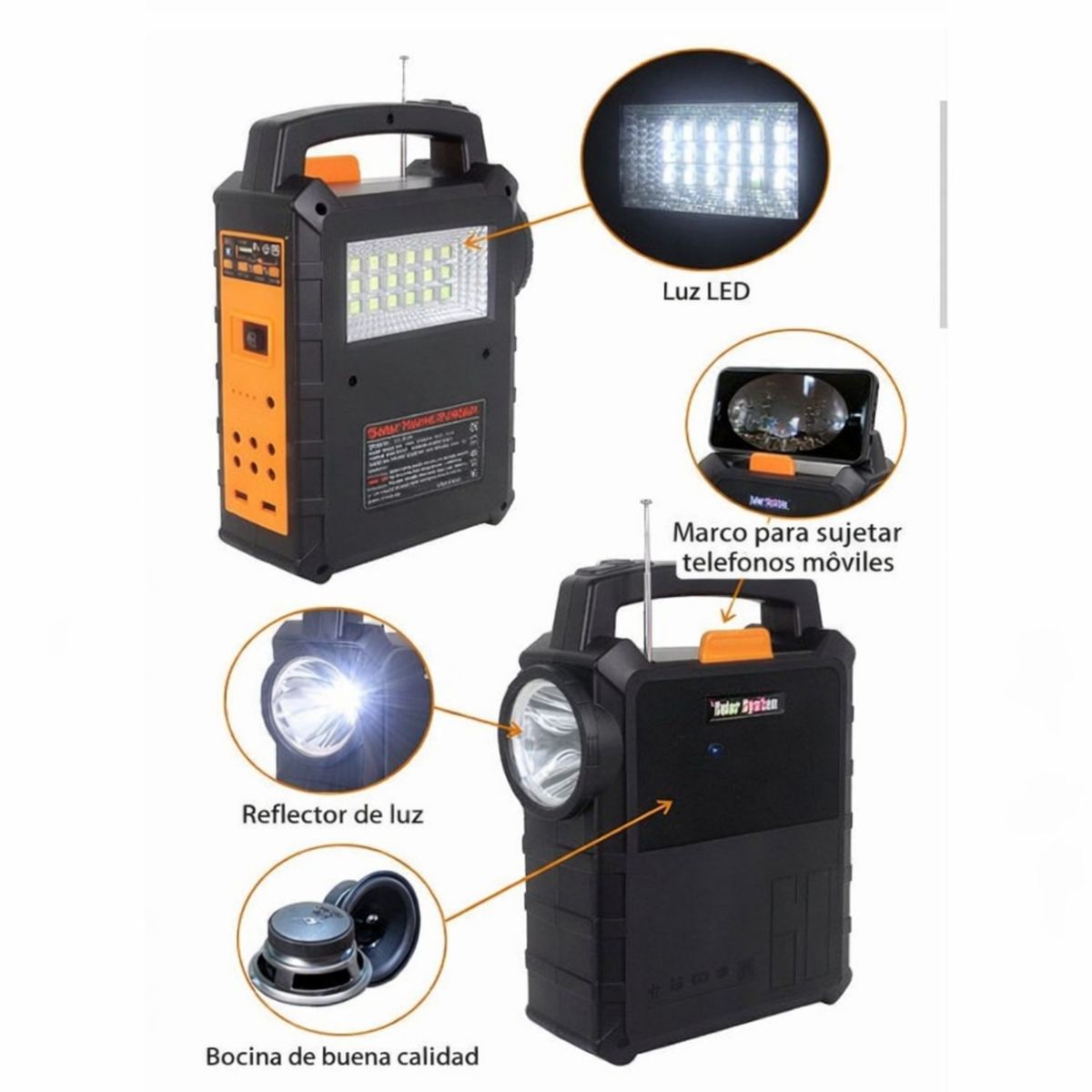 MOVI - KIT SOLAR DE EMERGENCIA, HASTA 50 HRS DE DURACIÓN CON 4 AMPOLLETAS LED, 2 LINTERNAS,RADIO,BLUETOOTH,