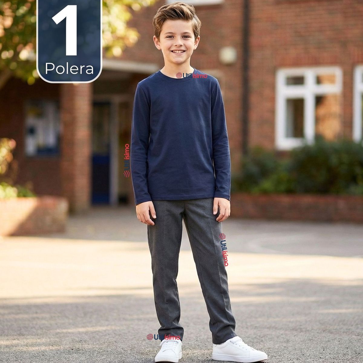 UTILISIMO - Polera Camiseta Polar Azul Primera Capa Escolar Cuello Redondo Manga Larga Niño