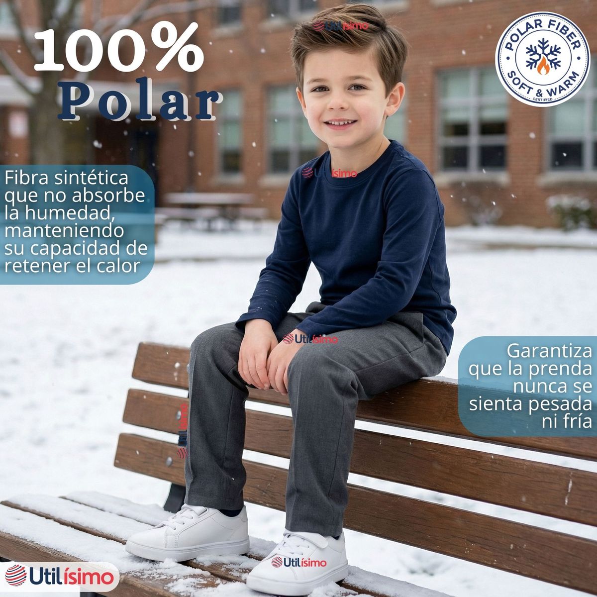 UTILISIMO - Polera Camiseta Polar Azul Primera Capa Escolar Cuello Redondo Manga Larga Niño