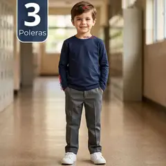 UTILISIMO - Pack 3 Poleras Camiseta Polar Azul Primera Capa Escolar Cuello Redondo Manga Larga Niño