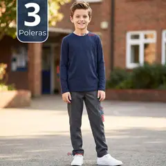 UTILISIMO - Pack 3 Poleras Camiseta Polar Azul Primera Capa Escolar Cuello Redondo Manga Larga Niño