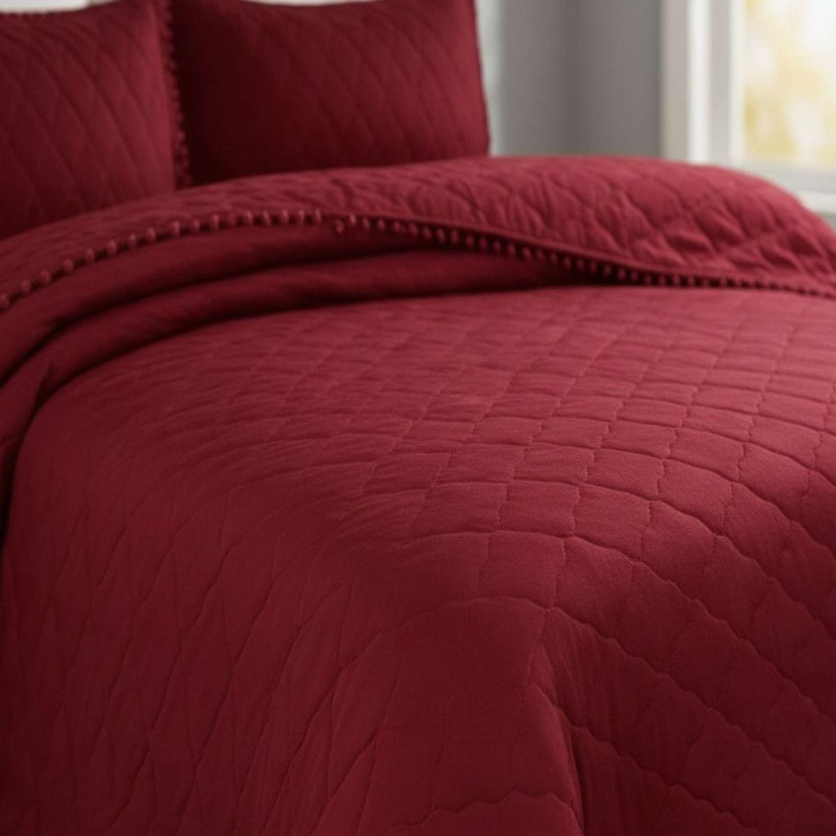 GENERICO - Quilt Premium Blanco Boho-Chic con Pompones Plaza y media