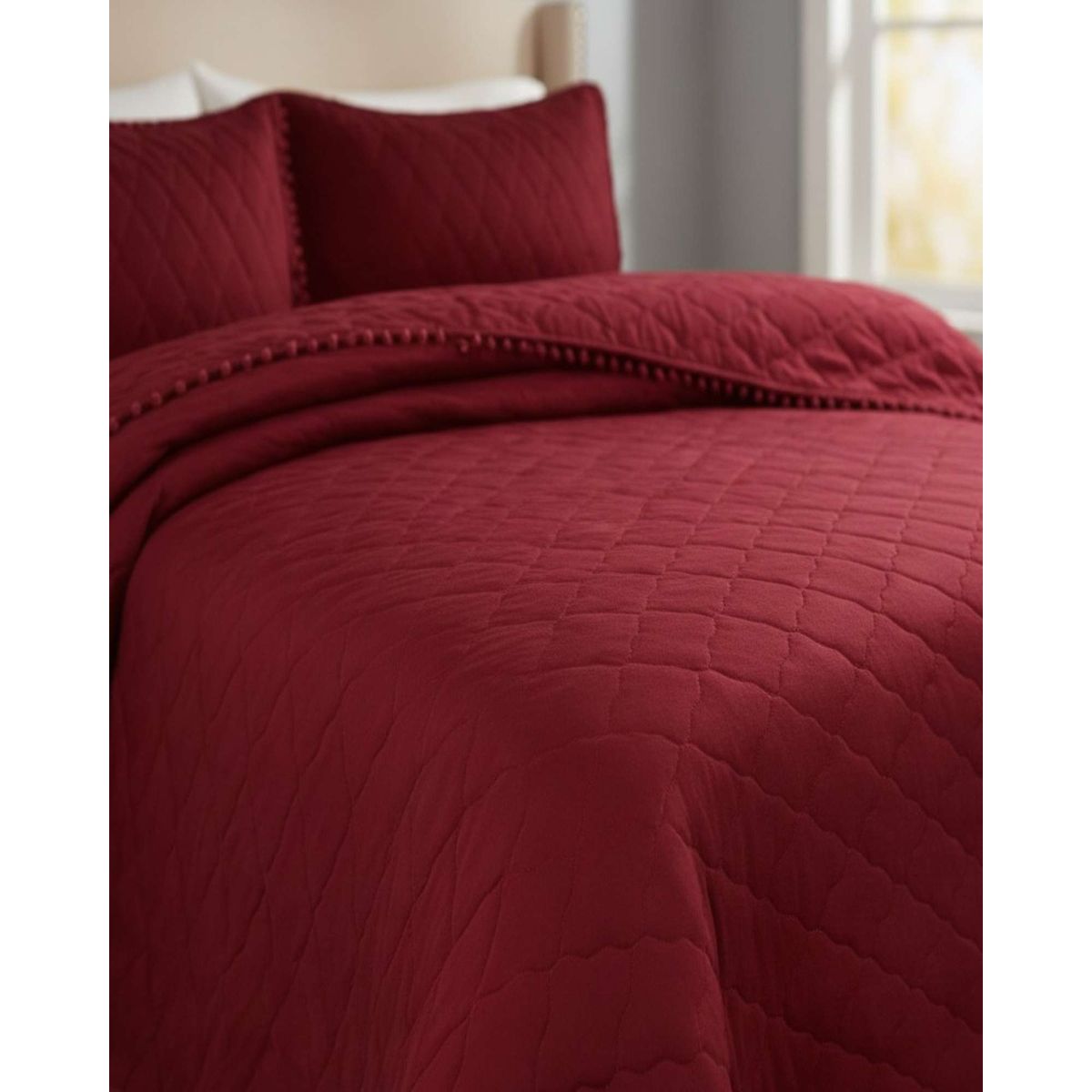 GENERICO - Quilt Premium Blanco Boho-Chic con Pompones Plaza y media