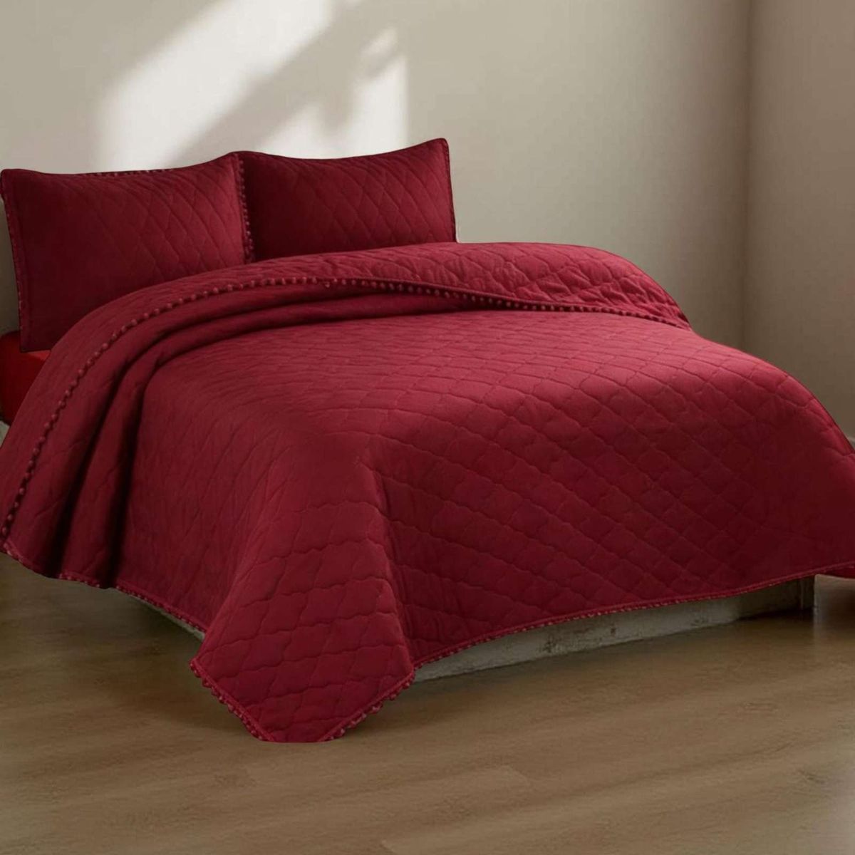 GENERICO - Quilt Premium Blanco Boho-Chic con Pompones Plaza y media