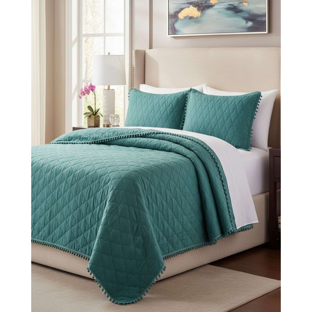 GENERICO - Quilt Premium Blanco Boho-Chic con Pompones King-Superking