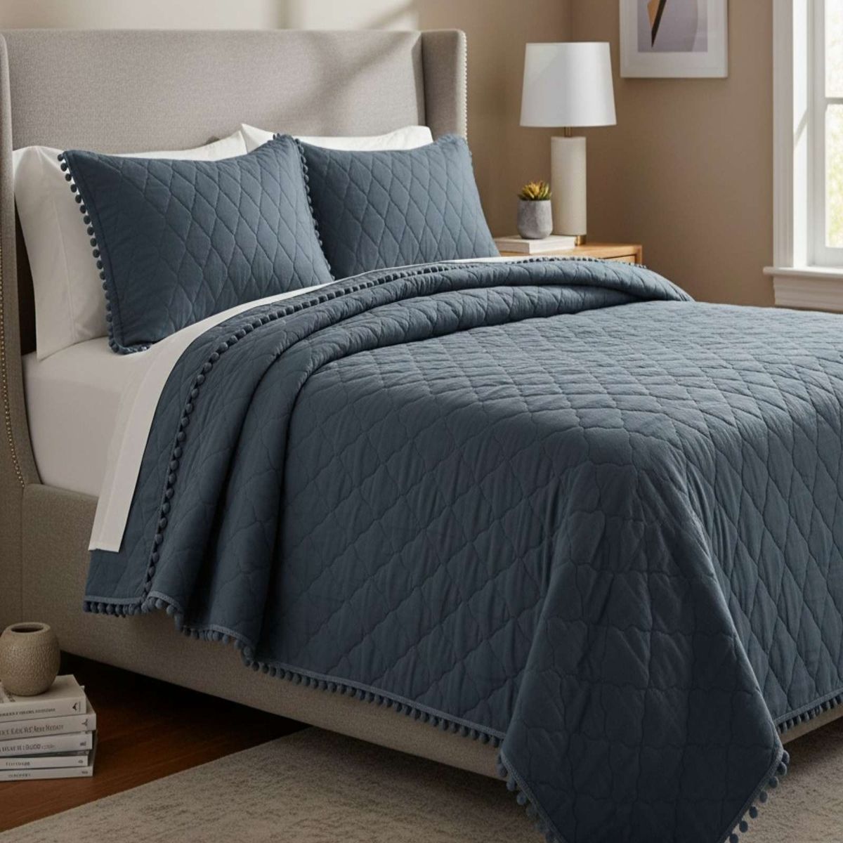 GENERICO - Quilt Premium Blanco Boho-Chic con Pompones King-Superking