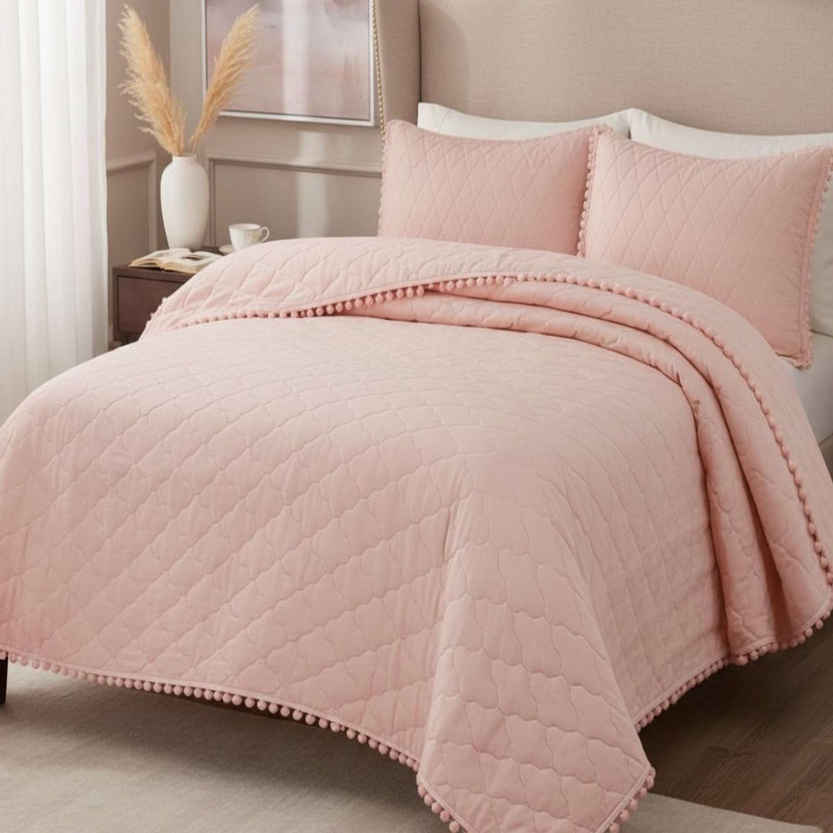 GENERICO - Quilt Premium Blanco Boho-Chic con Pompones King-Superking