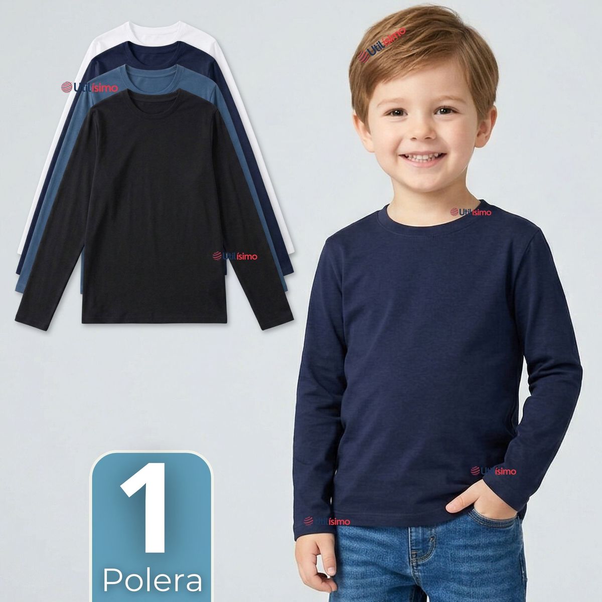 UTILISIMO - Polera Camiseta Bambú Cuello Redondo Primera Capa Manga Larga Colores Surtido Niño