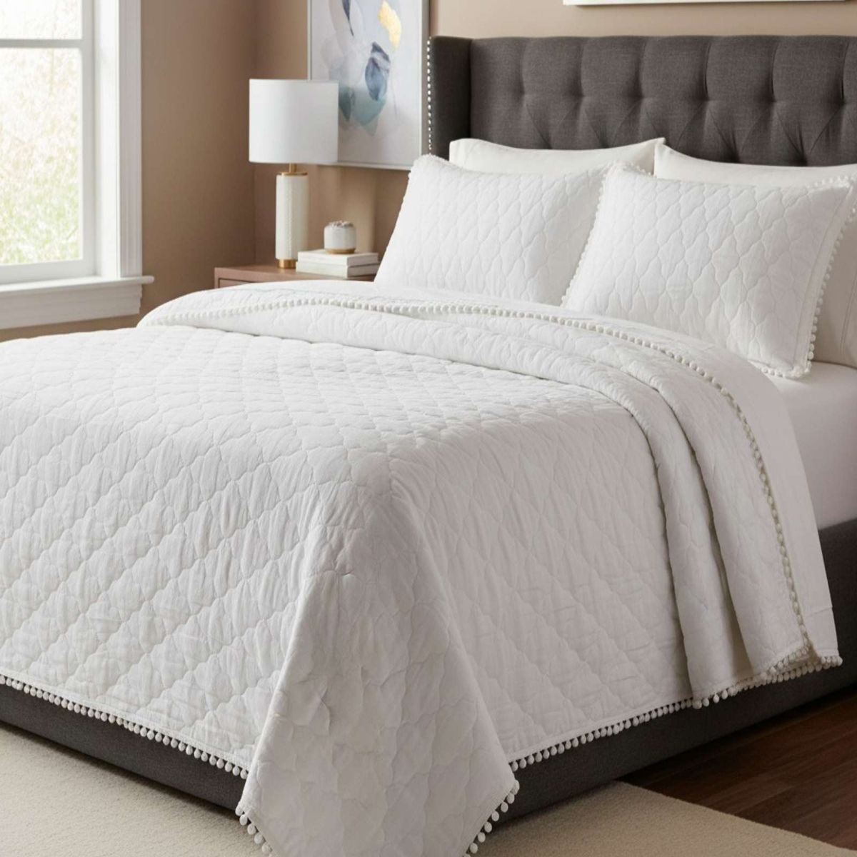 GENERICO - Quilt Premium Blanco Boho-Chic con Pompones Plaza y media