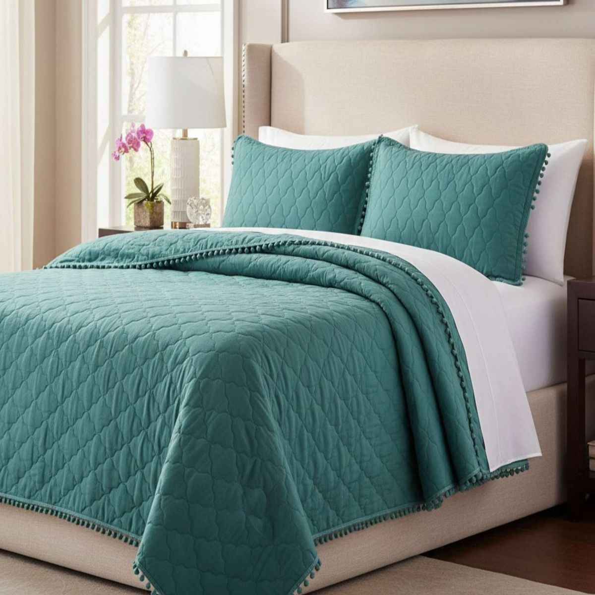 GENERICO - Quilt Premium Blanco Boho-Chic con Pompones Plaza y media