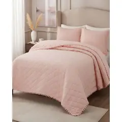 GENERICO - Quilt Premium Blanco Boho-Chic con Pompones Plaza y media