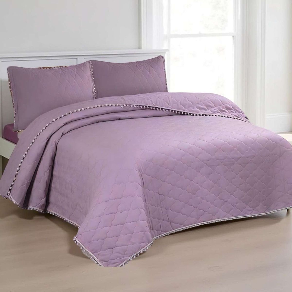 GENERICO - Quilt Premium Blanco Boho-Chic con Pompones 2 Plazas