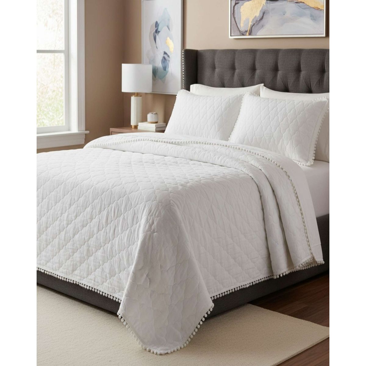 GENERICO - Quilt Premium Blanco Boho-Chic con Pompones 2 Plazas