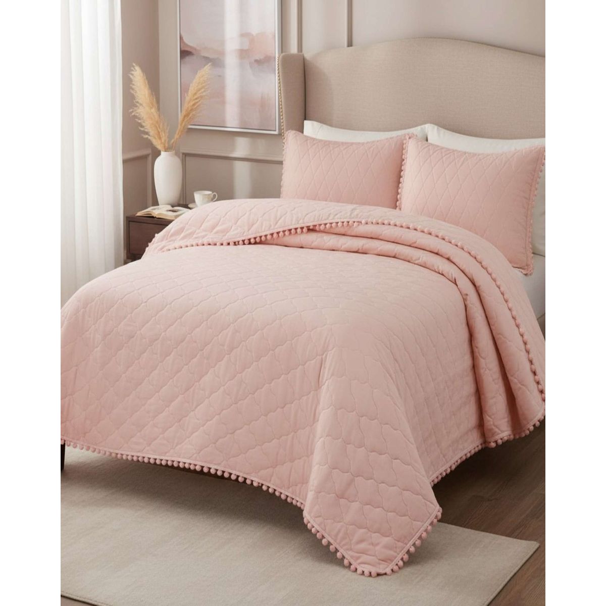 GENERICO - Quilt Premium Blanco Boho-Chic con Pompones 2 Plazas