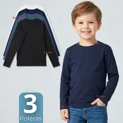 UTILISIMO - Pack 3 Poleras Camisetas Bambú Cuello Redondo Primera Capa Manga Larga Colores Surtido Niño