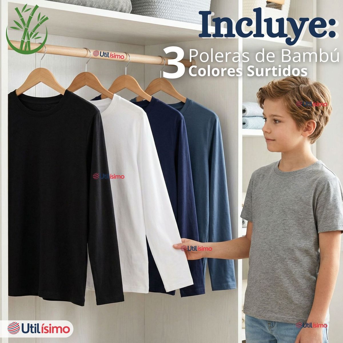 UTILISIMO - Pack 3 Poleras Camisetas Bambú Cuello Redondo Primera Capa Manga Larga Colores Surtido Niño