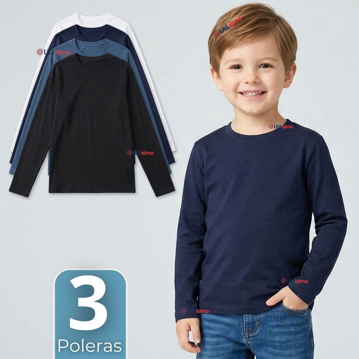UTILISIMO - Pack 3 Poleras Camisetas Bambú Cuello Redondo Primera Capa Manga Larga Colores Surtido Niño