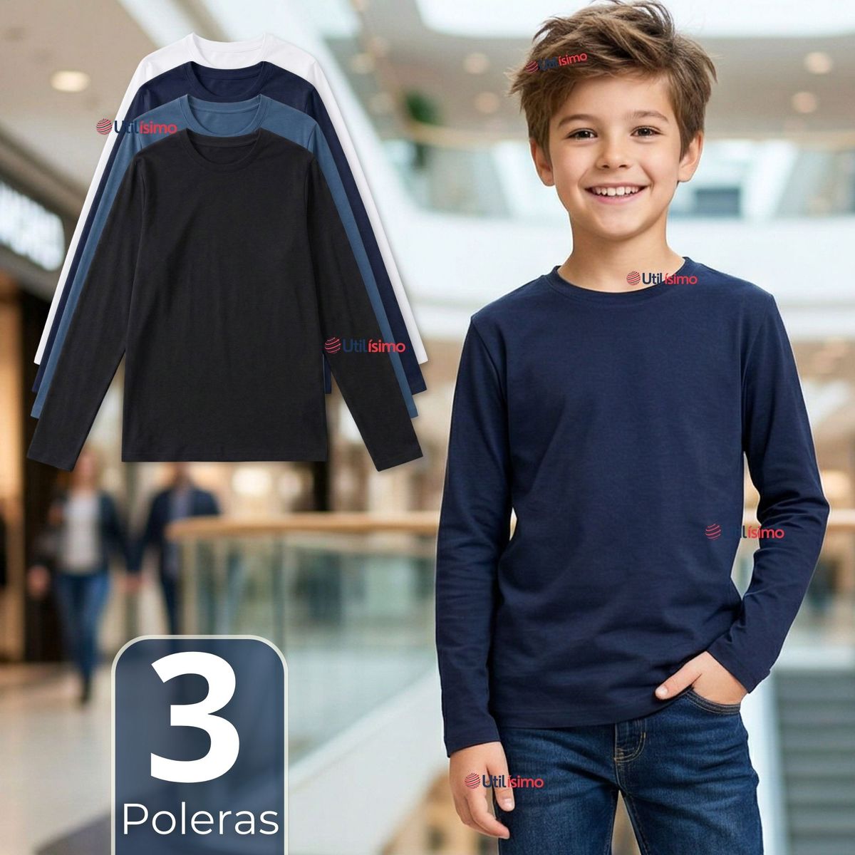 UTILISIMO - Pack 3 Poleras Camisetas Bambú Cuello Redondo Primera Capa Manga Larga Colores Surtido Niño