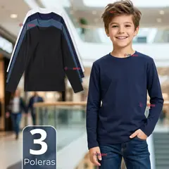 UTILISIMO - Pack 3 Poleras Camisetas Bambú Cuello Redondo Primera Capa Manga Larga Colores Surtido Niño
