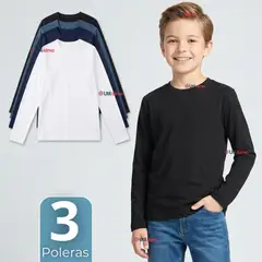 UTILISIMO - Pack 3 Poleras Camisetas Bambú Cuello Redondo Primera Capa Manga Larga Colores Surtido Niño
