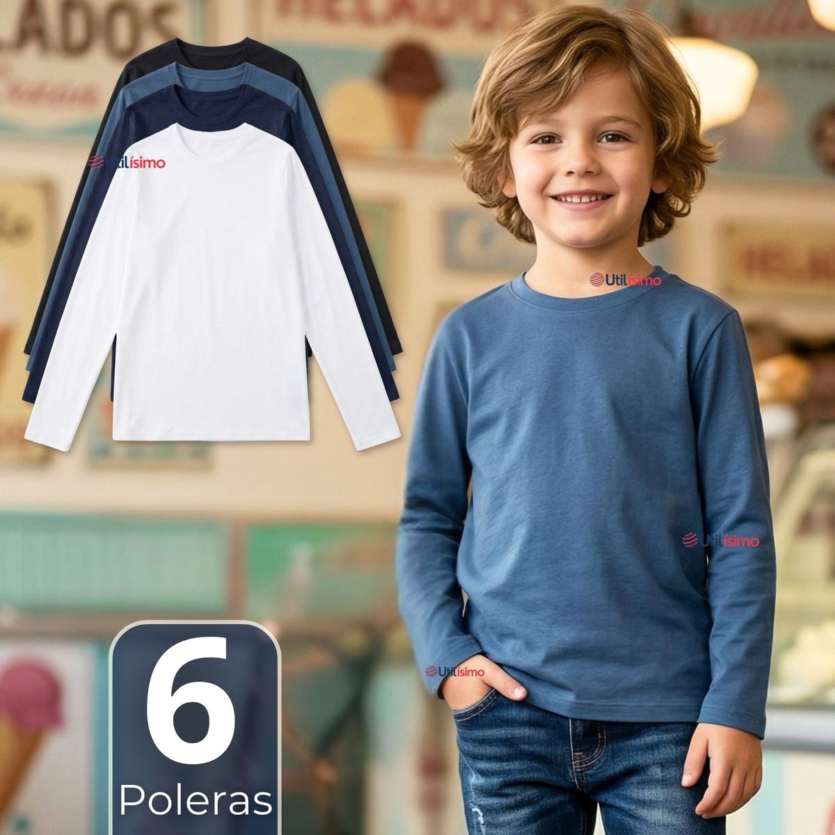 UTILISIMO - Pack 6 Poleras Camisetas Bambú Cuello Redondo Primera Capa Manga Larga Colores Surtido Niño