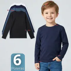 UTILISIMO - Pack 6 Poleras Camisetas Bambú Cuello Redondo Primera Capa Manga Larga Colores Surtido Niño