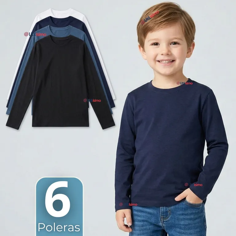Pack 6 Poleras Camisetas Bambu Cuello Redondo Primera Capa Manga Larga Colores Surtido Nino Multicolor 5-6 ANOS