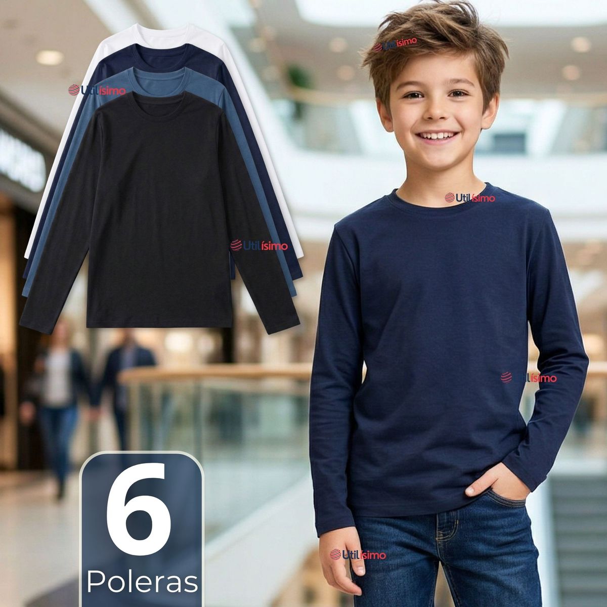 UTILISIMO - Pack 6 Poleras Camisetas Bambú Cuello Redondo Primera Capa Manga Larga Colores Surtido Niño