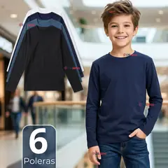 UTILISIMO - Pack 6 Poleras Camisetas Bambú Cuello Redondo Primera Capa Manga Larga Colores Surtido Niño