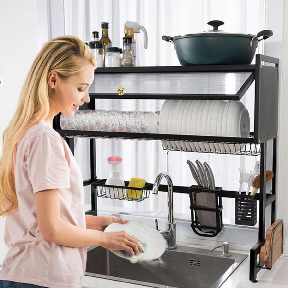 MOVI - SECAPLATOS CON PUERTA Y SOPORTE PARA ACCESORIOS- ORGANIZADOR DE COCINA CON GRAN CAPACIDAD