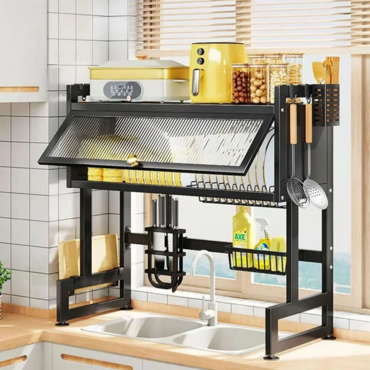 MOVI - SECAPLATOS CON PUERTA Y SOPORTE PARA ACCESORIOS- ORGANIZADOR DE COCINA CON GRAN CAPACIDAD