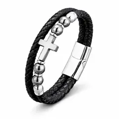 GENERICO - Pulsera “Cruz Apóstol” Cuero Trenzado & Acero Inoxidable Premium ️