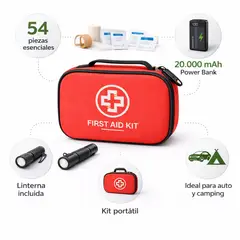 MOVI - Kit de Emergencia 54 Piezas con Power Bank 20.000 mAh Botiquín Portátil para Auto y Camping