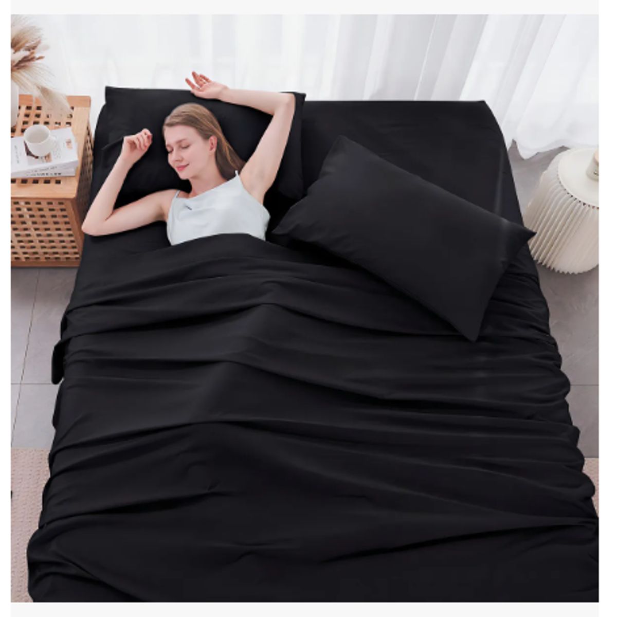 GENERICO - uego de Sábanas 2 Plazas Negro 200 Hilos Polialgodón