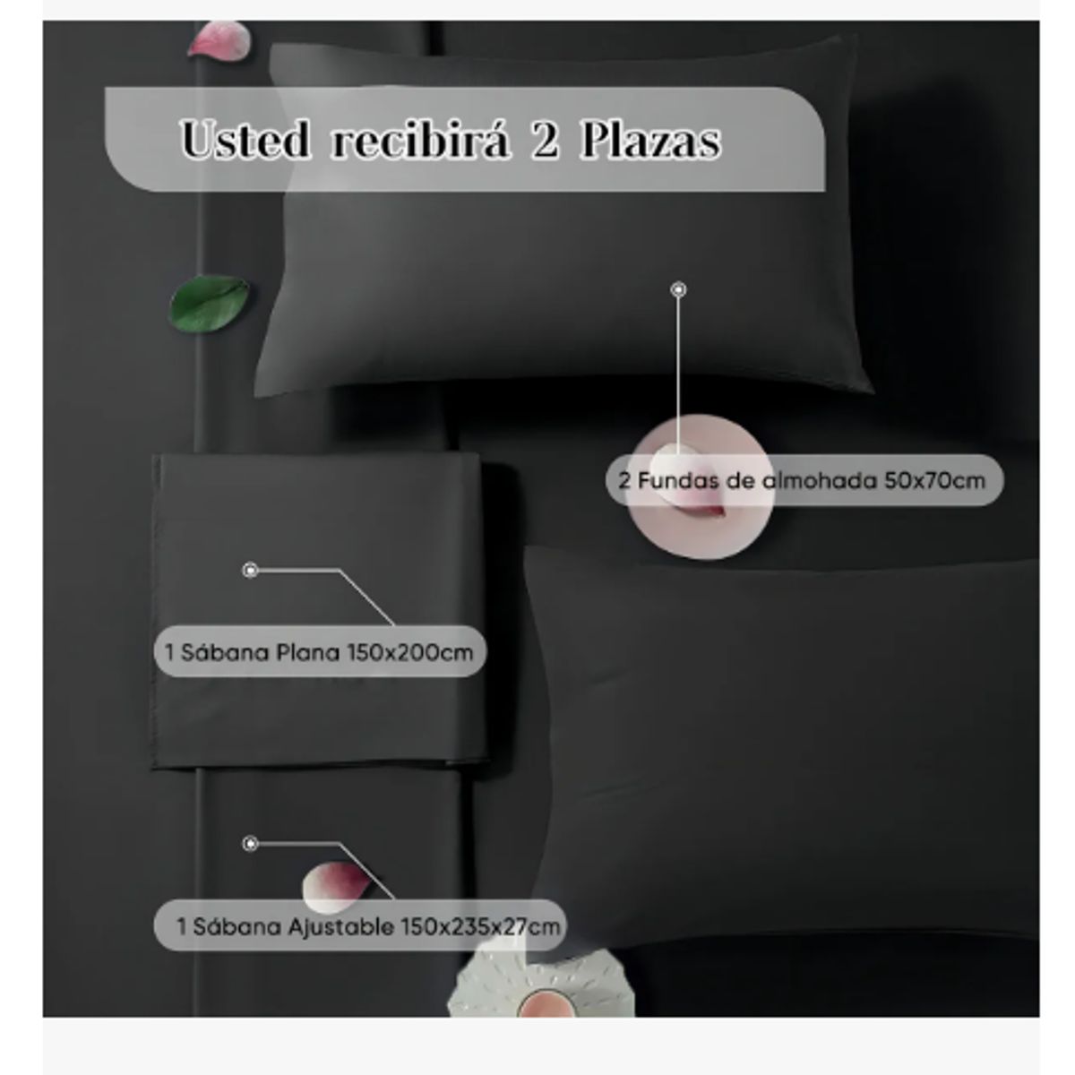 GENERICO - uego de Sábanas 2 Plazas Negro 200 Hilos Polialgodón