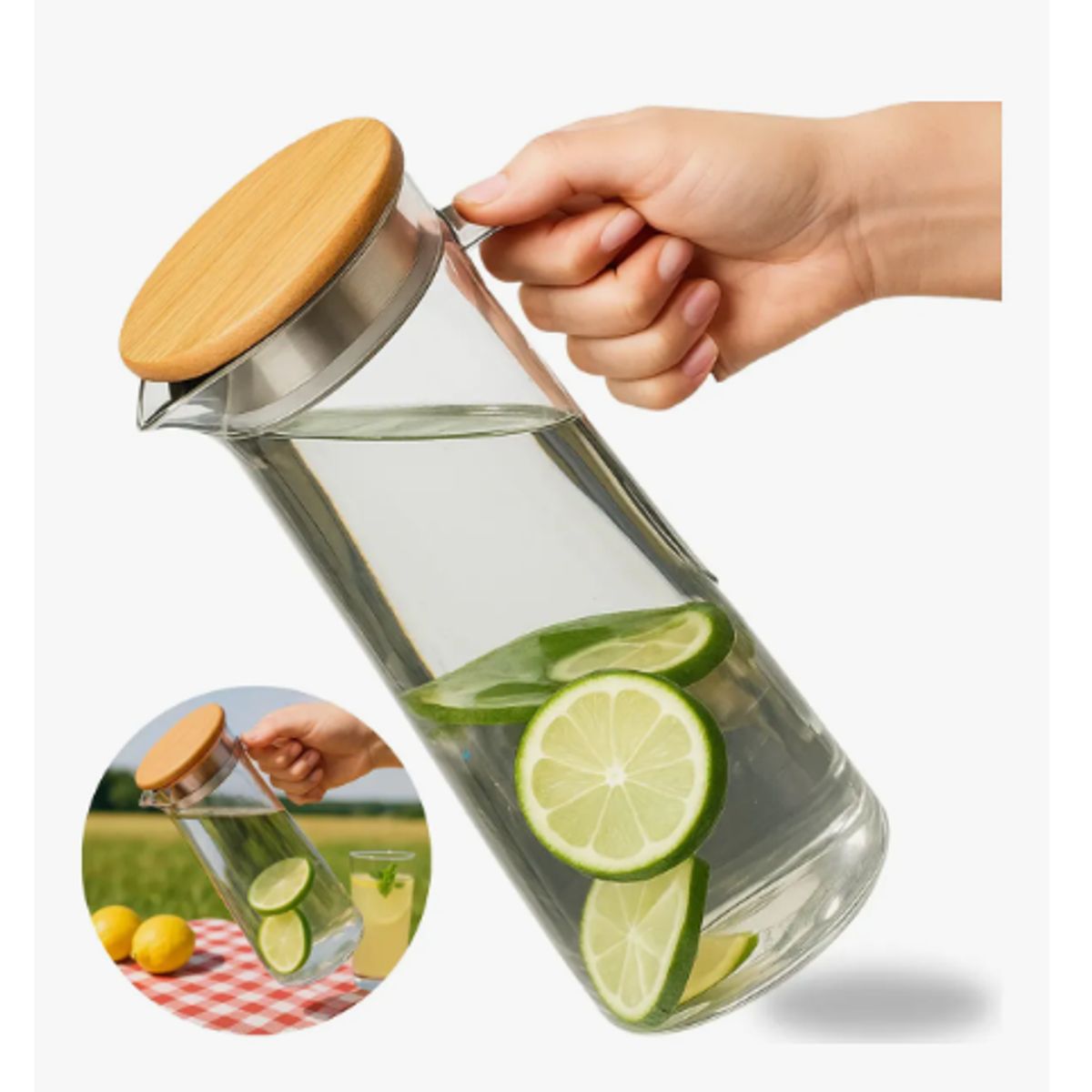 GENERICO - Jarra Vidrio Acrilica Botella Tapa Bambu Agua Bebidas 1100ml Transparente