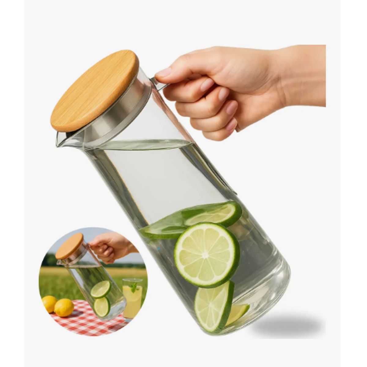 GENERICO - Jarra Vidrio Acrilica Botella Tapa Bambu Agua Bebidas 1100ml Transparente