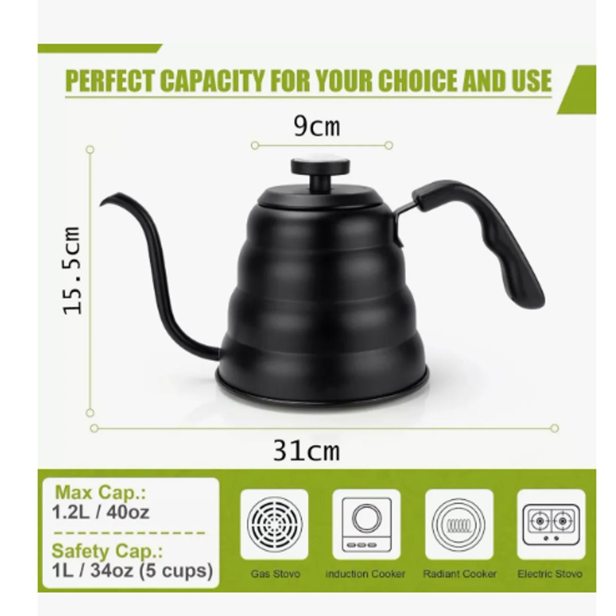 GENERICO - Tetera Cuello De Cisne Con Termómetro Cafetera Acero Inox Negro
