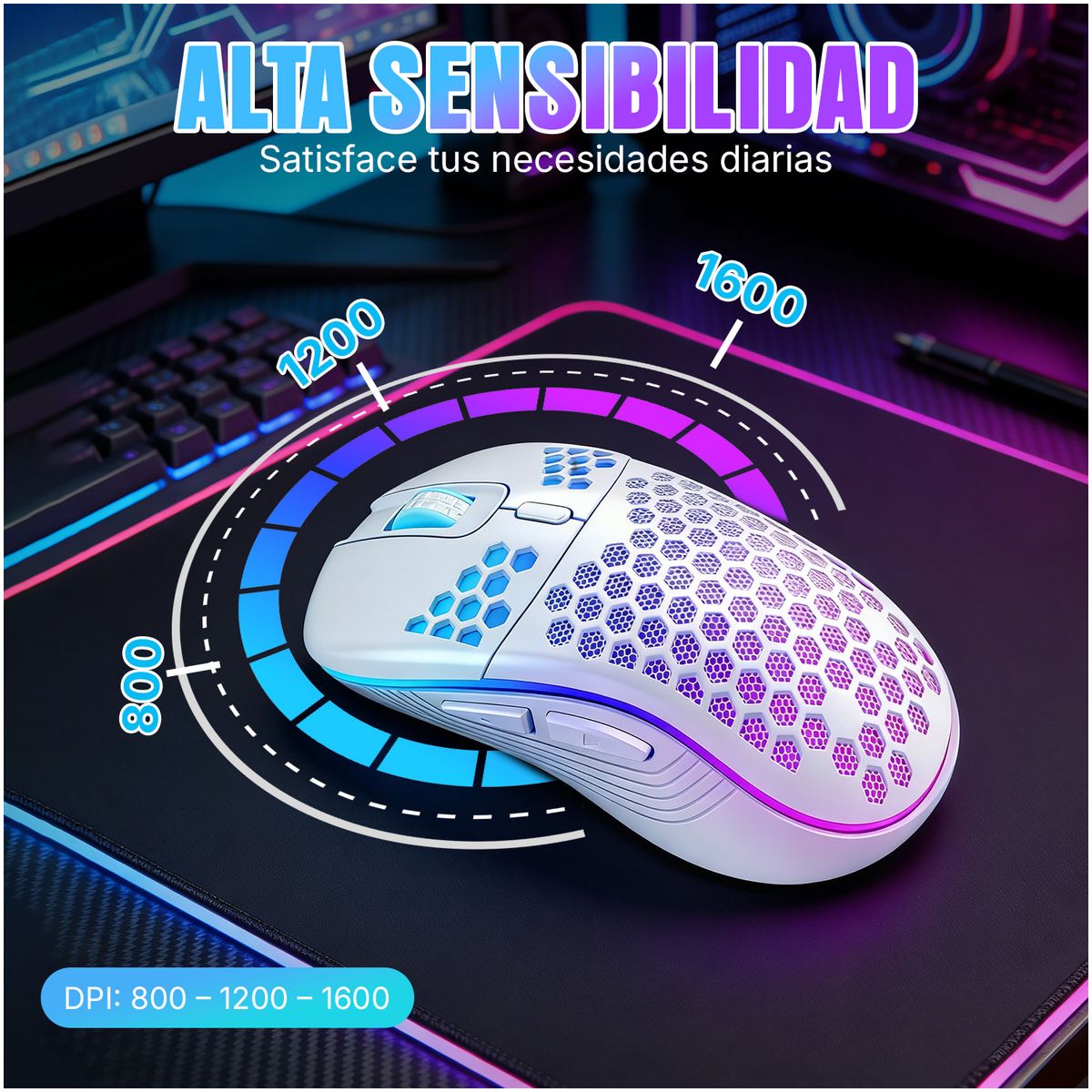VIDITA - Mouse Gamer USB Recargable RGB 6 Botones DPI Ajustable 89g