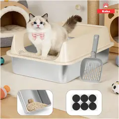 KOBA - Arenero Gatos Grande Baño Sanitario Acero Inoxidable Con Pala Café